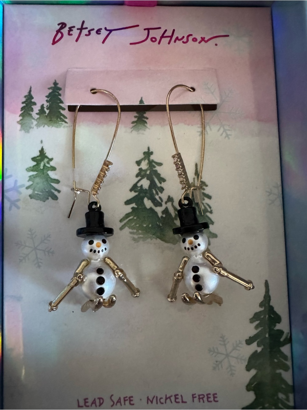 NEW NWT! Betsey Johnson Snowman Snowmen with Skis Earrings for Christmas Holiday
